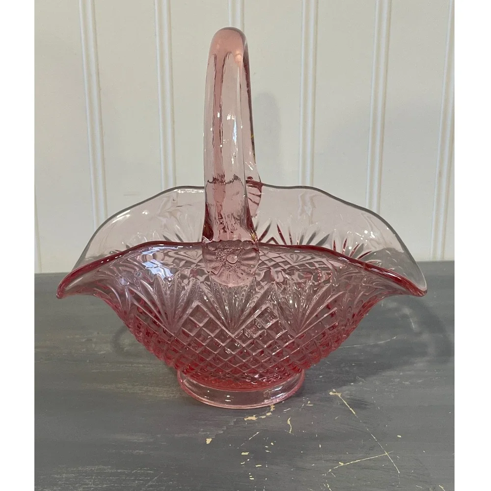 Vintage Pink Depression Glass Basket Diamond Point Starburst Pattern 7.25 Inch